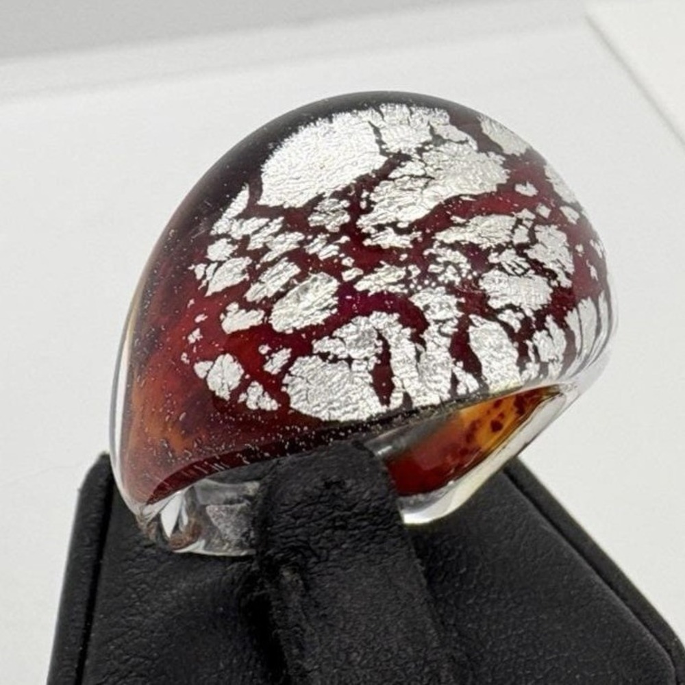 Vintage Handmade Glass Ring Size 7.75 Crackle Red & Silver Retro Funky Lava